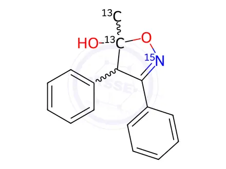 Chemical structure of 4,5-Dihydro-5-methyl-3,4-diphenyl-5-isoxazolol-13C2, 15N