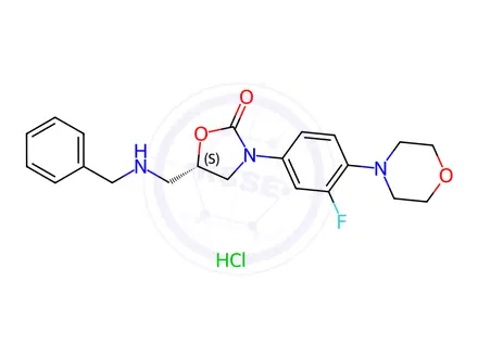 Chemical structure of (S)-5-((Benzylamino)methyl)-3-(3-fluoro-4-morpholinophenyl)oxazolidin-2-one Hydrochloride