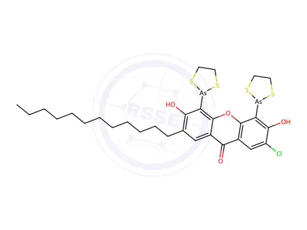 Chemical structure of 2-Chloro-4,5-bis(1,3,2-dithiarsolan-2-yl)-7-dodecyl-3,6-dihydroxy-9H-xanthen-9-one