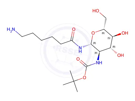 Chemical structure of tert-butyl((2R,3R,4R,5S,6R)-2-(6-aminohexanamido)-4,5-dihydroxy-6-(hydroxymethyl)tetrahydro-2H-pyran-3-yl)carbamate