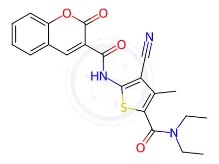 Chemical structure of N-(3-cyano-5-(diethylcarbamoyl)-4-methylthiophen-2-yl)-2-oxo-2H-chromene-3-carboxamide