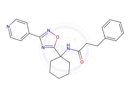 Chemical structure of 3-Phenyl-N-(1-(3-(pyridin-4-yl)-1,2,4-oxadiazol-5-yl)cyclohexyl)propanamide