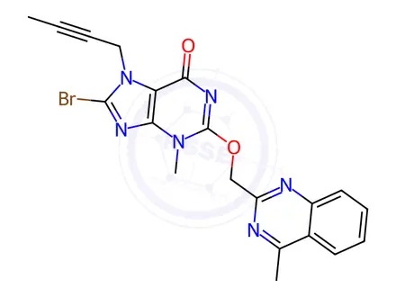 Chemical structure of 8-Bromo-7-(but-2-yn-1-yl)-3-methyl-2-((4-methylquinazolin-2-yl)methoxy)-3,7-dihydro-6H-purin-6-one