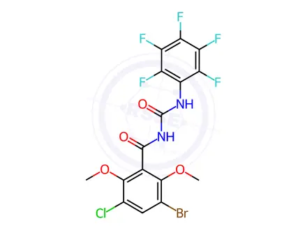 Chemical structure of N-(3-bromo-5-chloro-2,6-dimethoxybenzoyl)-N'-(2,3,4,5,6-pentafluorophenyl)urea