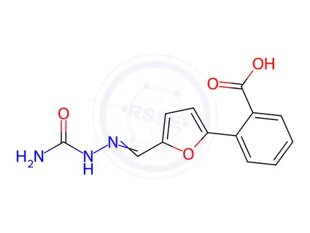 Chemical structure of 2-(5-((2-Carbamoylhydrazono)methyl)furan-2-yl)benzoic acid