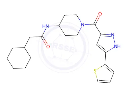 Chemical structure of 2-Cyclohexyl-N-(1-(3-(thiophen-2-yl)-1H-pyrazole-5-carbonyl)piperidin-4-yl)acetamide