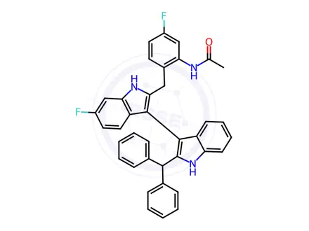 Chemical structure of N-(2-((2'-Benzhydryl-6-fluoro-1H,1'H-[3,3'-biindol]-2-yl)methyl)-5-fluorophenyl)acetamide