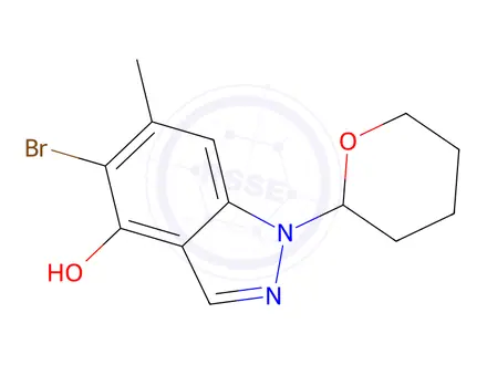 Chemical structure of 5-Bromo-6-methyl-1-(tetrahydro-2H-pyran-2-yl)-1H-indazol-4-ol