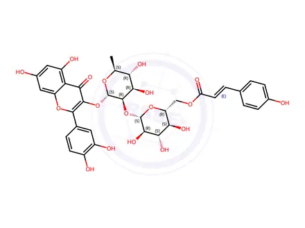 Chemical structure of Quercetin 3-O-β-D-(6''-p-coumaroyl)glucopyranosyl(1-2)-α-L-rhamnopyranoside