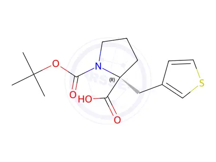 Chemical structure of (R)-1-(tert-butoxycarbonyl)-2-(thiophen-3-ylmethyl)pyrrolidine-2-carboxylic acid