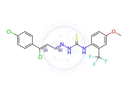 Chemical structure of N1-[4-methoxy-2-(trifluoromethyl)phenyl]-2-[3-chloro-3-(4-chlorophenyl)prop-2-enylidene]hydrazine-1-carbothioamide