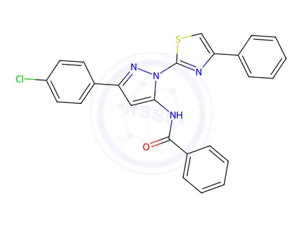 Chemical structure of N-(3-(4-Chlorophenyl)-1-(4-phenylthiazol-2-yl)-1H-pyrazol-5-yl)benzamide