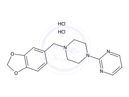 Chemical structure of 2-(4-(Benzo[d][1,3]dioxol-5-ylmethyl)piperazin-1-yl)pyrimidine dihydrochloride