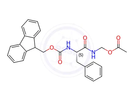 Chemical structure of (S)-(2-((((9H-fluoren-9-yl)methoxy)carbonyl)amino)-3-phenylpropanamido)methyl acetate