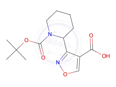 Chemical structure of 3-(1-(Tert-butoxycarbonyl)piperidin-2-yl)isoxazole-4-carboxylic acid