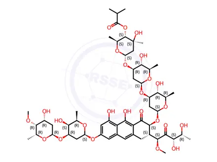 Chemical structure of 4''''-O-Deacetyl-3'''-O-[3-C-methyl-4-O-(2-methyl-1-oxopropyl)-2,6-dideoxy-α-L-arabino-hexopyranosyl]olivomycin D