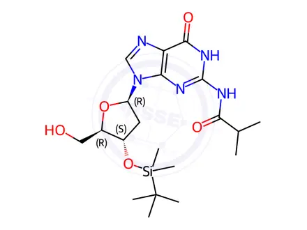 Chemical structure of Guanosine, 2'-deoxy-3'-O-[(1,1-dimethylethyl)dimethylsilyl]-N-(2-methyl-1-oxopropyl)-