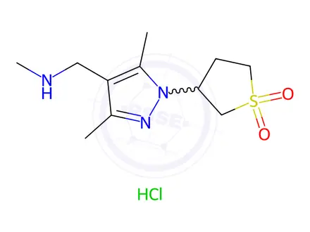 Chemical structure of 3-(3,5-Dimethyl-4-((methylamino)methyl)-1h-pyrazol-1-yl)tetrahydrothiophene 1,1-dioxide hydrochloride