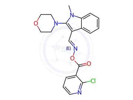 Chemical structure of 3-[({[(2-chloro-3-pyridinyl)carbonyl]oxy}imino)methyl]-1-methyl-2-morpholino-1H-indole