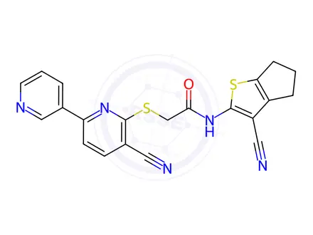 Chemical structure of N-(3-cyano-5,6-dihydro-4H-cyclopenta[b]thiophen-2-yl)-2-((5-cyano-[2,3'-bipyridin]-6-yl)thio)acetamide