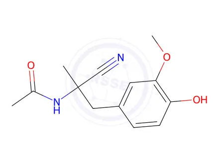 Chemical structure of (+)-N-[1-cyano-2-(4-hydroxy-3-methoxyphenyl)-1-methylethyl]acetamide