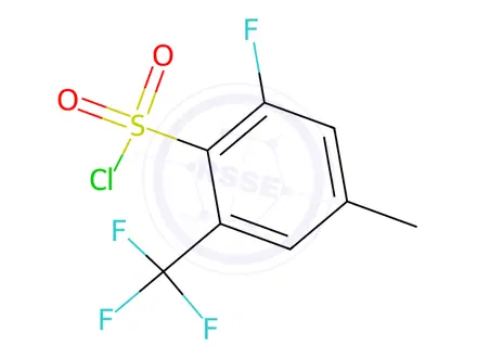 Chemical structure of 2-fluoro-4-methyl-6-(trifluoromethyl)benzene-1-sul fonyl chloride