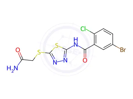 Chemical structure of N-(5-((2-Amino-2-oxoethyl)thio)-1,3,4-thiadiazol-2-yl)-5-bromo-2-chlorobenzamide