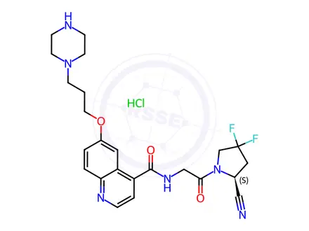 Chemical structure of (S)-N-(2-(2-Cyano-4,4-difluoropyrrolidin-1-yl)-2-oxoethyl)-6-(3-(piperazin-1-yl)propoxy)quinoline-4-carboxamide hydrochloride