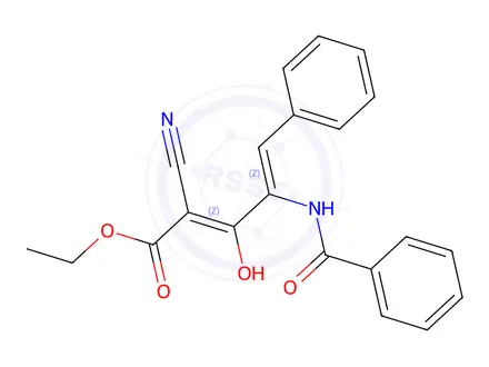 Chemical structure of Ethyl (2Z,4Z)-2-cyano-3-hydroxy-5-phenyl-4-(phenylformamido)penta-2,4-dienoate