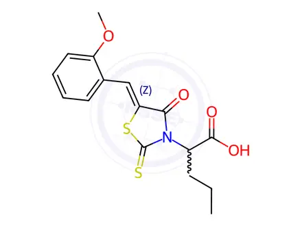 Chemical structure of 2-(5-(2-Methoxybenzylidene)-4-oxo-2-thioxothiazolidin-3-yl)pentanoic acid