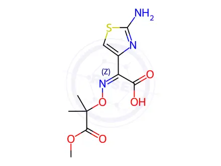 Chemical structure of (Z)-2-(2-aminothiazol-4-yl)-2-(((1-methoxy-2-methyl-1-oxopropan-2-yl)oxy)imino)acetic acid