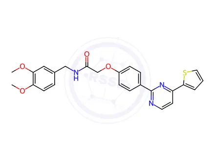 Chemical structure of N-(3,4-dimethoxybenzyl)-2-(4-(4-(thiophen-2-yl)pyrimidin-2-yl)phenoxy)acetamide