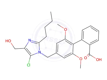 Chemical structure of 4'-((2-butyl-4-(hydroxymethyl)-5-chloro-1H-imidazolyl)methyl)-2',6'-dimethoxy(1,1'-biphenyl)-2-carboxylic acid