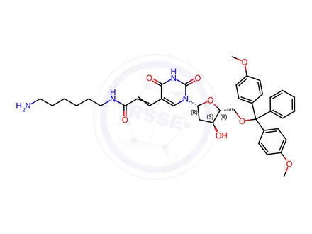 Chemical structure of 5-[N-(6-Aminohexyl)-3-(E)-acrylamido]-5’-O-(dimethoxytrityl)-2’-deoxyuridine
