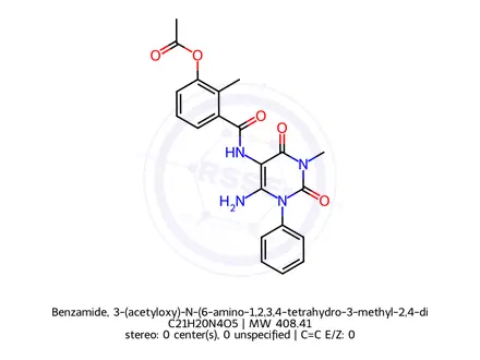 Chemical structure of Benzamide, 3-(acetyloxy)-N-(6-amino-1,2,3,4-tetrahydro-3-methyl-2,4-dioxo-1-phenyl-5-pyrimidinyl)-2-methyl-