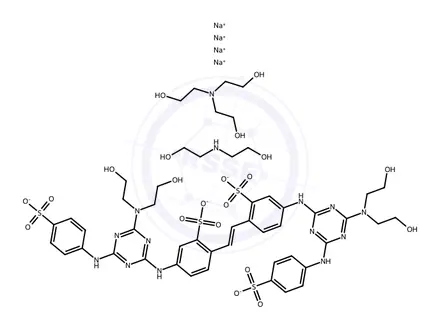 Chemical structure of Benzenesulfonic acid, 2,2'-(1,2-ethenediyl)bis[5-[[4-[bis(2-hydroxyethyl)amino]-6-[(4-sulfophenyl)amino]-1,3,5-triazin-2-yl]amino]-, sodium salt, compd. with 2,2'-iminobis[ethanol] and 2,2',2''-nitrilotris[ethanol]