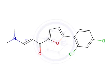 Chemical structure of (E)-1-(5-(2,4-dichlorophenyl)furan-2-yl)-3-(dimethylamino)prop-2-en-1-one