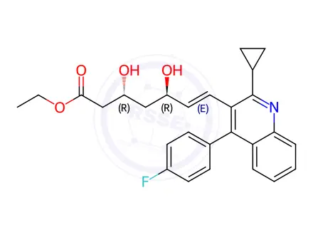 Chemical structure of (E)7-[2-cyclopropyl-4-(4-fluorophenyl)-quinolin-3-yl]-(3R,5R)-dihydroxyhept-6-enic acid ethyl ester