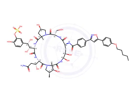 Chemical structure of 5-((1S,2S)-2-((2R,6S,9S,11R,12R,14aS,15S,16S,20S,23S,25aS)-20-((R)-3-Amino-1-hydroxy-3-oxopropyl)-2,11,12,15-tetrahydroxy-6-(hydroxymethyl)-16-methyl-5,8,14,19,22,25-hexaoxo-9-(4-(5-(4-(pentyloxy)phenyl)isoxazol-3-yl)benzamido)tetracosahydro-1H-dipyrrolo[2,1-c:2',1'-l][1,4,7,10,13,16]hexaazacyclohenicosin-23-yl)-1,2-dihydroxyethyl)-2-hydroxyphenyl Hydrogen Sulfate