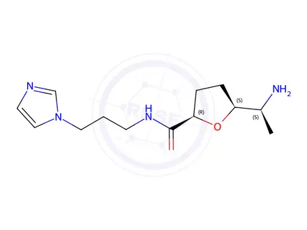 Chemical structure of (2R,5S)-N-(3-(1H-imidazol-1-yl)propyl)-5-((S)-1-aminoethyl)tetrahydrofuran-2-carboxamide