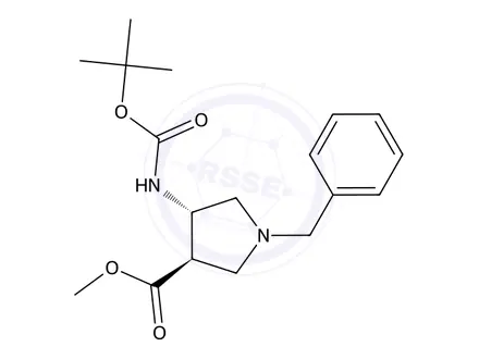 Chemical structure of Methyl (3R,4S)-1-benzyl-4-((tert-butoxycarbonyl)amino)pyrrolidine-3-carboxylate
