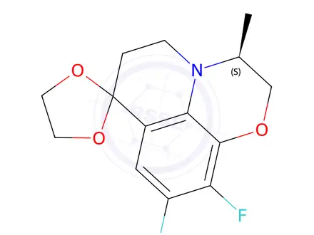 Chemical structure of (S)-9,10-Difluoro-3-methyl-2,3,5,6-tetrahydro-7,7-O-ethylidene-7H-pyrido[1,2,3-de]-1,4-benzoxazin-7,7-diol
