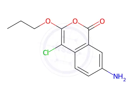 Chemical structure of 7-amino-4-chloro-3-propoxyisochromen-1-one