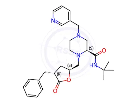Chemical structure of (S)-1-{[(2S,4R)-4-Benzyl-5-oxotetrahydrofuran-2-yl]methyl}-N-tert-butyl-4-(pyridin-3-ylmethyl)piperazine-2-carboxamide
