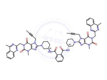 Chemical structure of N1,N2-bis((R)-1-(7-(But-2-yn-1-yl)-3-methyl-1-((4-methylquinazolin-2-yl)methyl)-2,6-dioxo-2,3,6,7-tetrahydro-1H-purin-8-yl)piperidin-3-yl)phthalamide