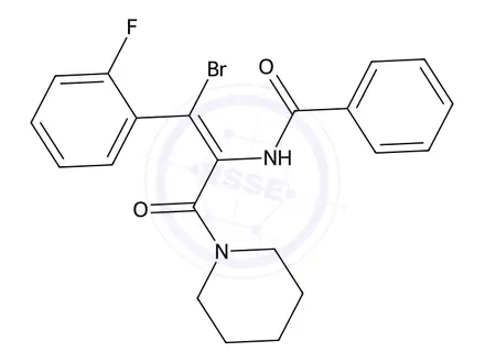 Chemical structure of (Z)-N-(1-Bromo-1-(2-fluorophenyl)-3-oxo-3-(piperidin-1-yl)prop-1-en-2-yl)benzamide