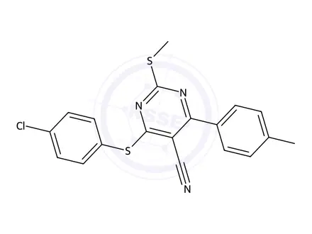 Chemical structure of 4-((4-Chlorophenyl)thio)-2-(methylthio)-6-(p-tolyl)pyrimidine-5-carbonitrile