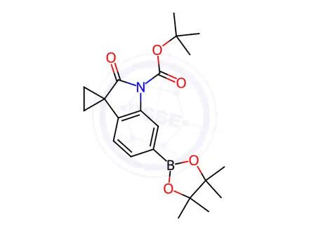 Chemical structure of Spiro[cyclopropane-1,3'-[3H]indole]-1'(2'H)-carboxylic acid, 2'-oxo-6'-(4,4,5,5-tetramethyl-1,3,2-dioxaborolan-2-yl)-, 1,1-dimethylethyl ester