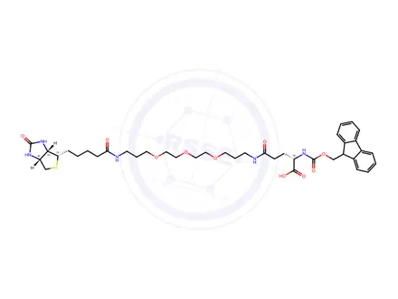 Chemical structure of N-alpha-Fmoc-Ndelta-(N-biotinyl-3-(2-(2-(3-aminopropyloxy)-ethoxy)-ethoxypropyl)-L-glutamine