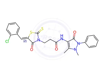 Chemical structure of 3-[5-(2-chlorobenzylidene)-4-oxo-2-thioxo-1,3-thiazolidin-3-yl]-N-(1,5-dimethyl-3-oxo-2-phenyl-2,3-dihydro-1H-pyrazol-4-yl)propanamide